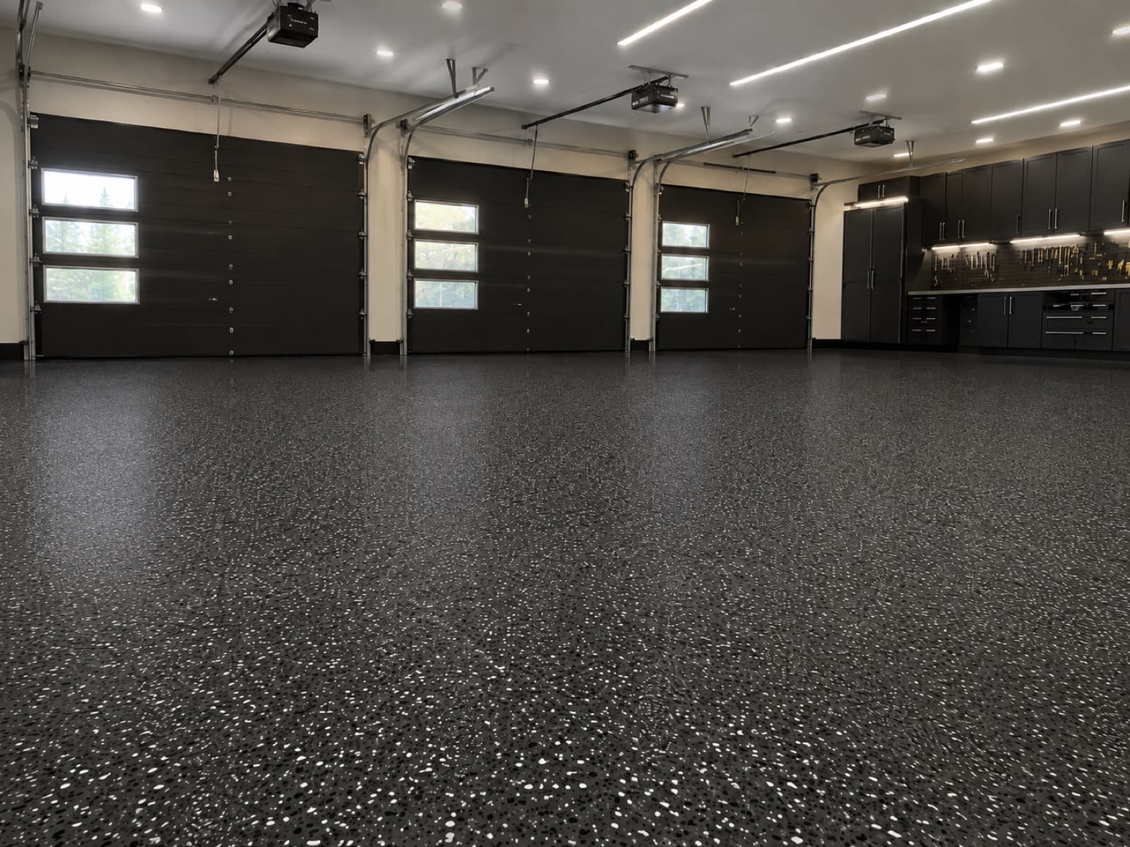 High-gloss charcoal flake epoxy garage floor